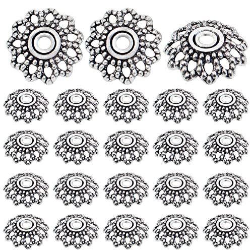 Hmjpng 200pcs Antique Silver Flower Bead Caps Alloy Filigree Flower Cap Spacer Beads Jewelry Making Accessories for DIY Earrings Bracelet Necklace Craft, 11.5 mm x 2.5 mm