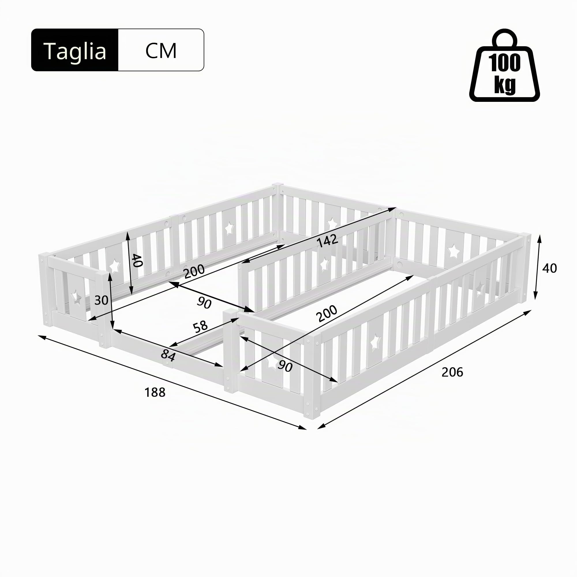 Letto Montessori Doppio 2x90x200 in Legno Massello, Letto Bambini con Sponde di Sicurezza, Letto a Terra per Cameretta, Letto Bambini Montessori, senza Rete a Doghe, Bianco