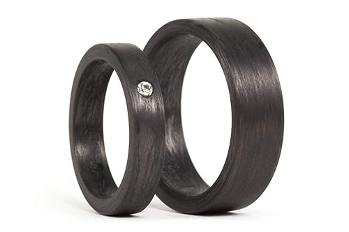 Set of two black carbon fiber wedding and engagement bands. Unique jewelry rings. Engagement Rings (00101_4S1_7N)