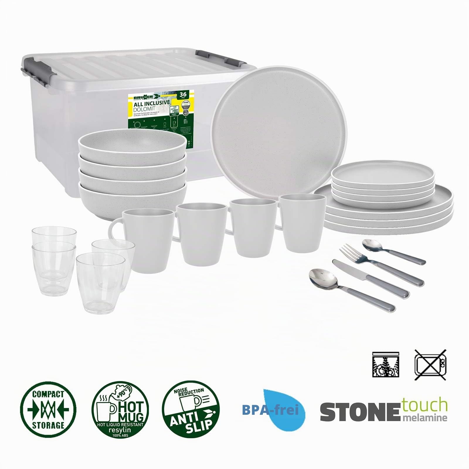 BRUNNER Melamin Geschirr-Set Camping 36-tlg DOLOMIT All Inclusive Stapelbar | Antislip (Antirutsch), 2-4 Personen, wie Steingut (StoneTouch), Bruchfest, Teller Besteck & Becher, Wohnmobil Wohnwagen Boot