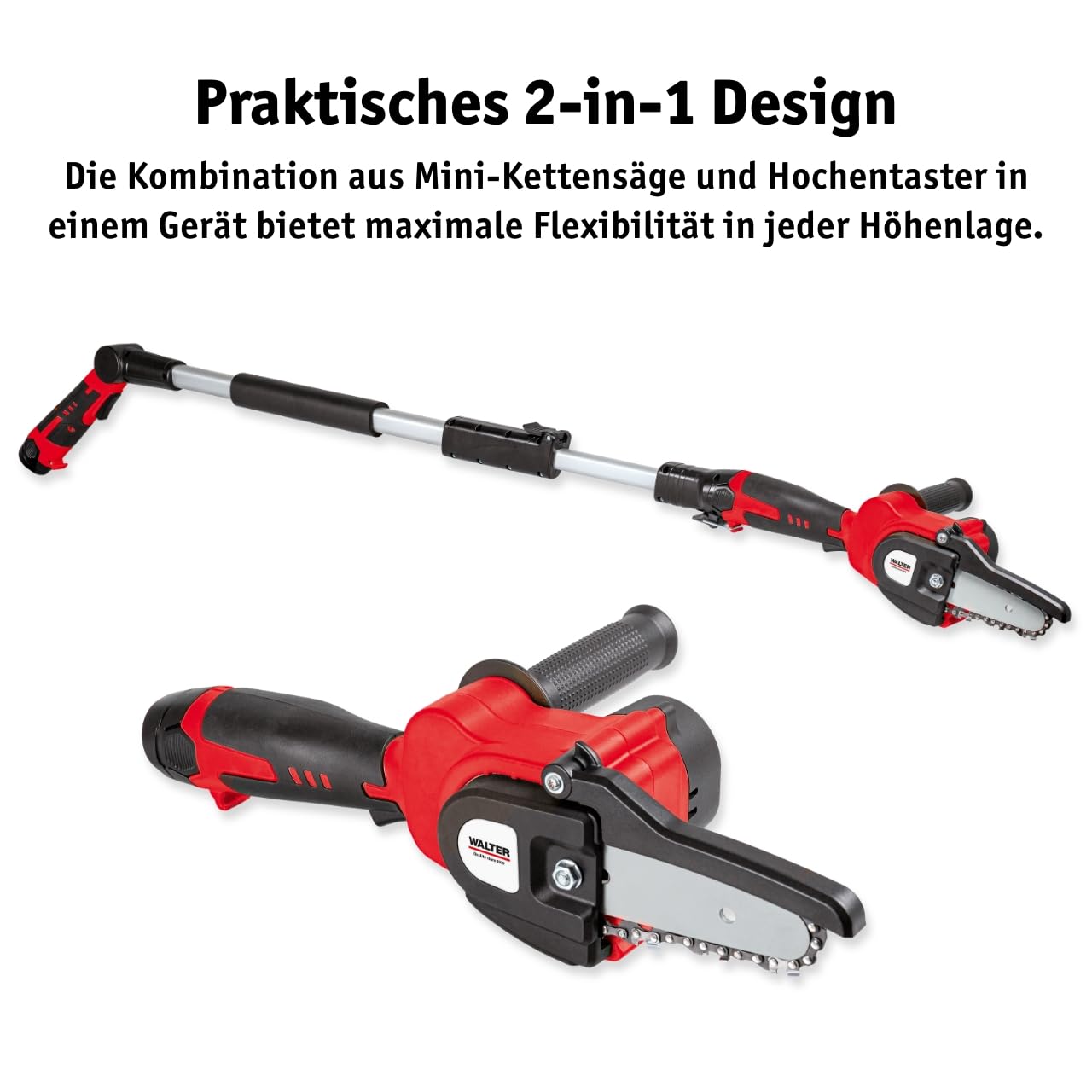 WALTER Kompakter Hochentaster. Verstellbare Teleskopstange. 12V Li-Ion Akku, Ladegerät und Zubehör. Stufenlose Höhenverstellung 155 und 220 cm. Mini Kettensäge, 95mm Schnittlänge, Brushless Motor