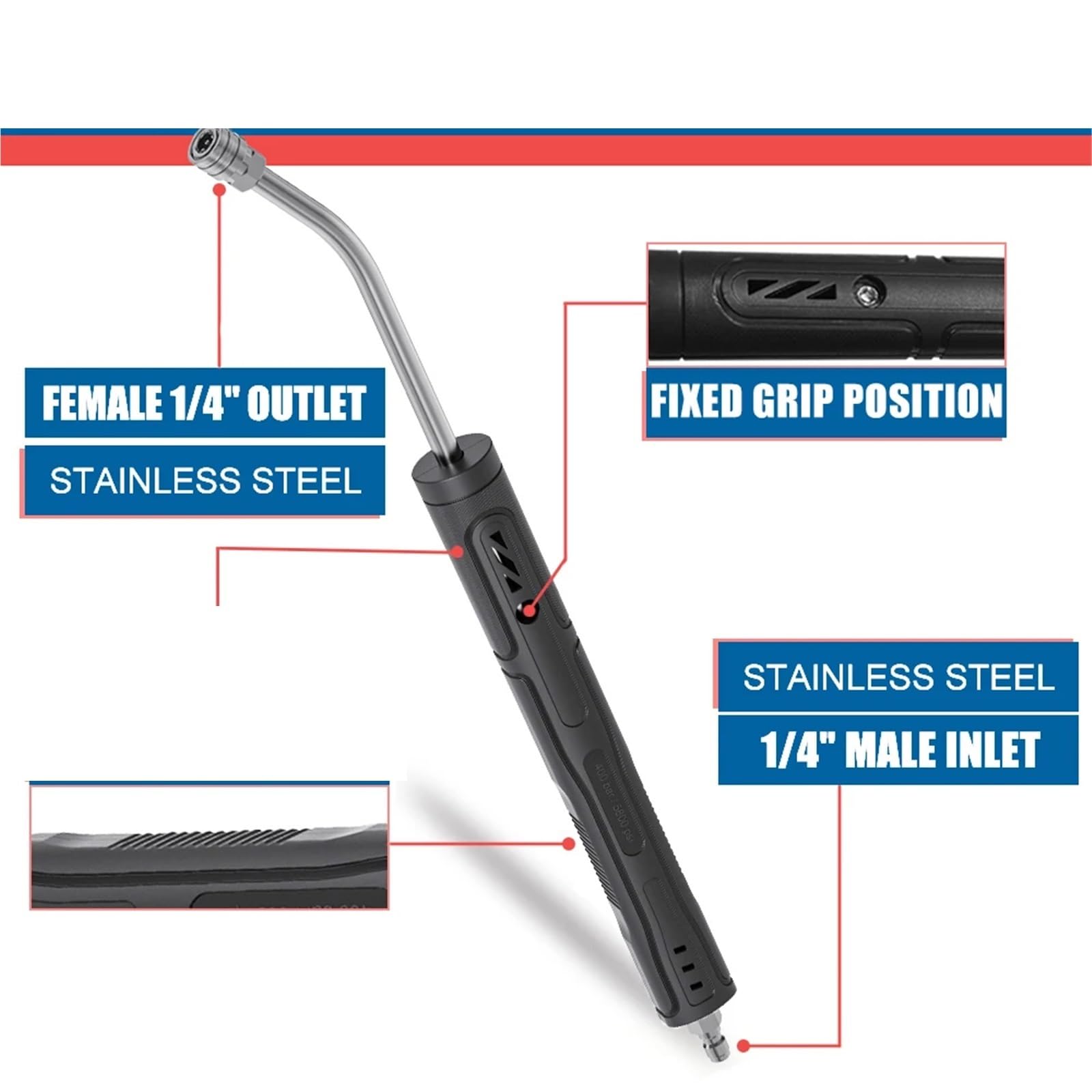Varilla de Extensión para Hidrolimpiadora Varilla de extensión Acero Inoxidable, Varilla Recta, 1/4 Pulgada, 30 Grados, Agarre ergonómico for Lavadora(Bending Rod-Blue)