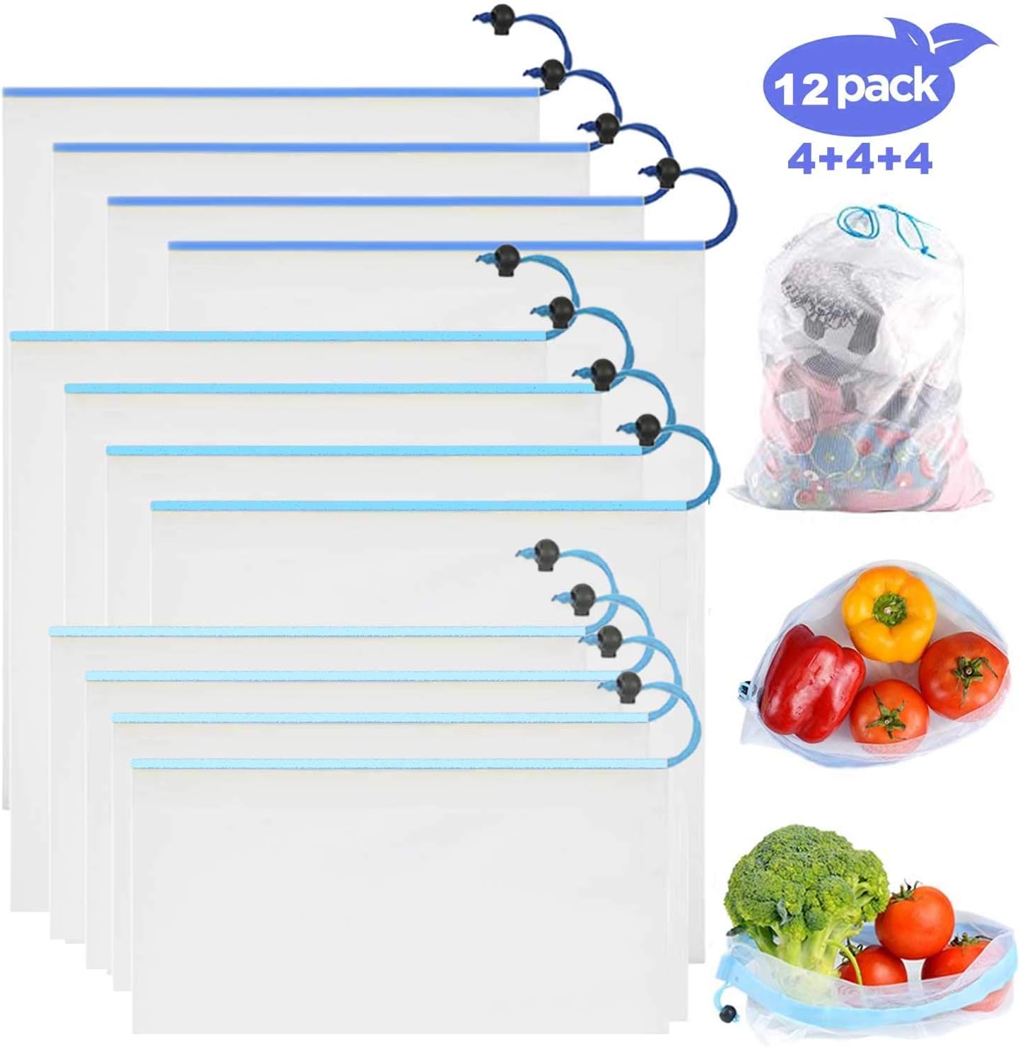 Reusable Produce Bags, 12PCS Washable Mesh Bags Shopping Bag with Drawstring Grocery Bags for Vegetables Fruits Toys Storage, Strong See Through Double Stitched Zero Waste Mesh Produce Bags