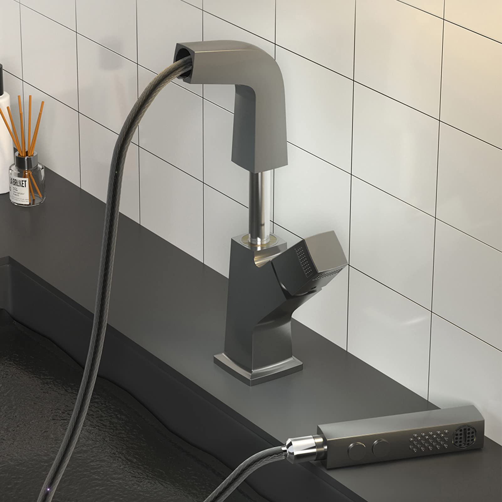Grifo de Lavabo, Grifo Mezclador extraíble de latón para baño con caño Giratorio de 360 Grados y Doble función, para Agua fría y Caliente (Color: Negro)