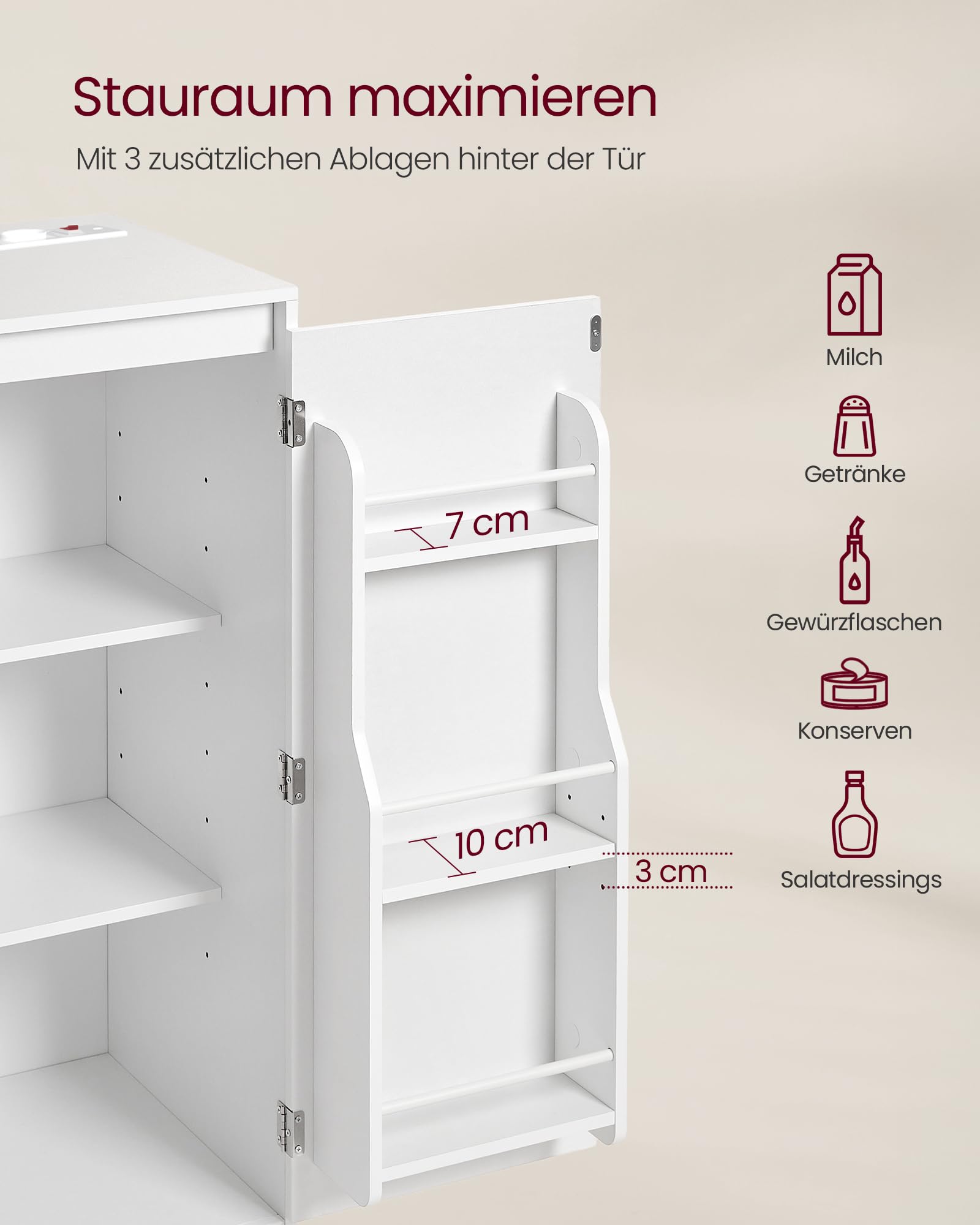 VASAGLE Custos Kollektion - Küchenschrank, Aufbewahrungsschrank, Sideboard mit Arbeitsplatte, Mikrowellenregal, mit 1 offenem Fach, 3 Türen, verstellbaren Ablagen, wolkenweiß BBK373WB01