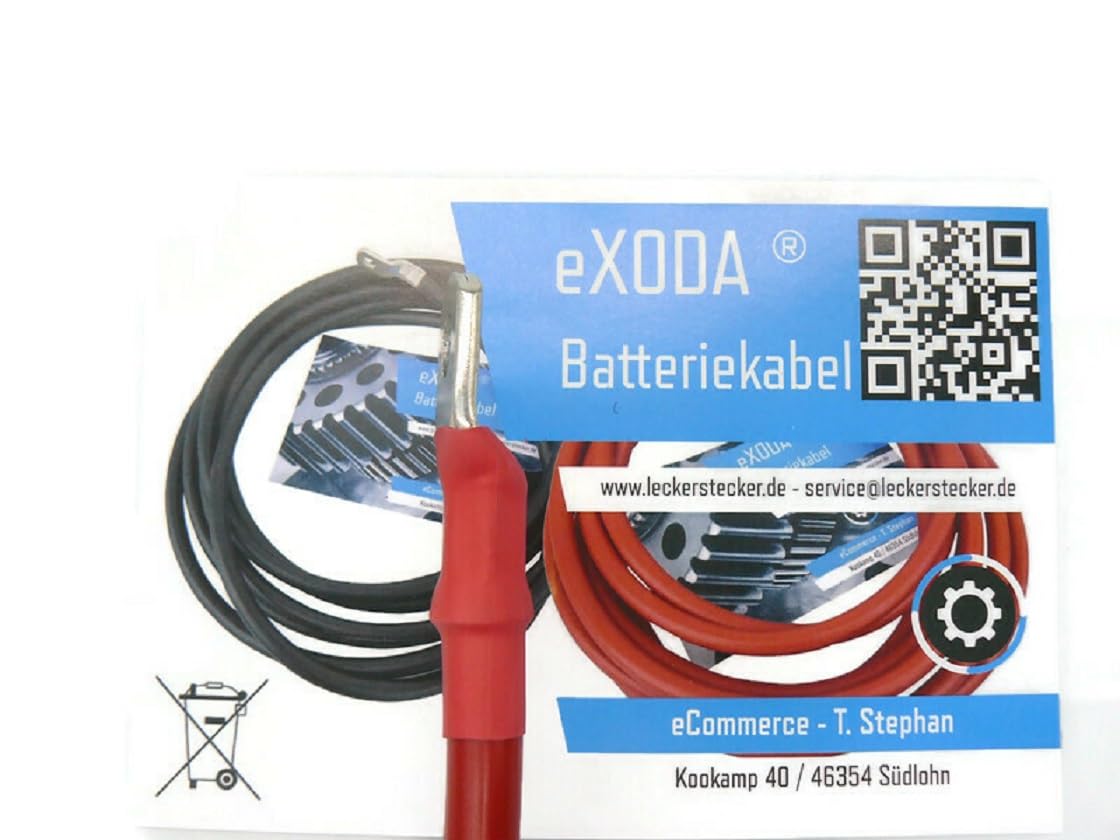 eXODA set di cavi batteria 35 mm² 75cm rosso nero con incisione M8 per 12V | Cavo batteria, 35 mm², 75 cm, rosso e nero, guaina termorestringente, 12V, occhiali M8, resistente al calore, versatile.
