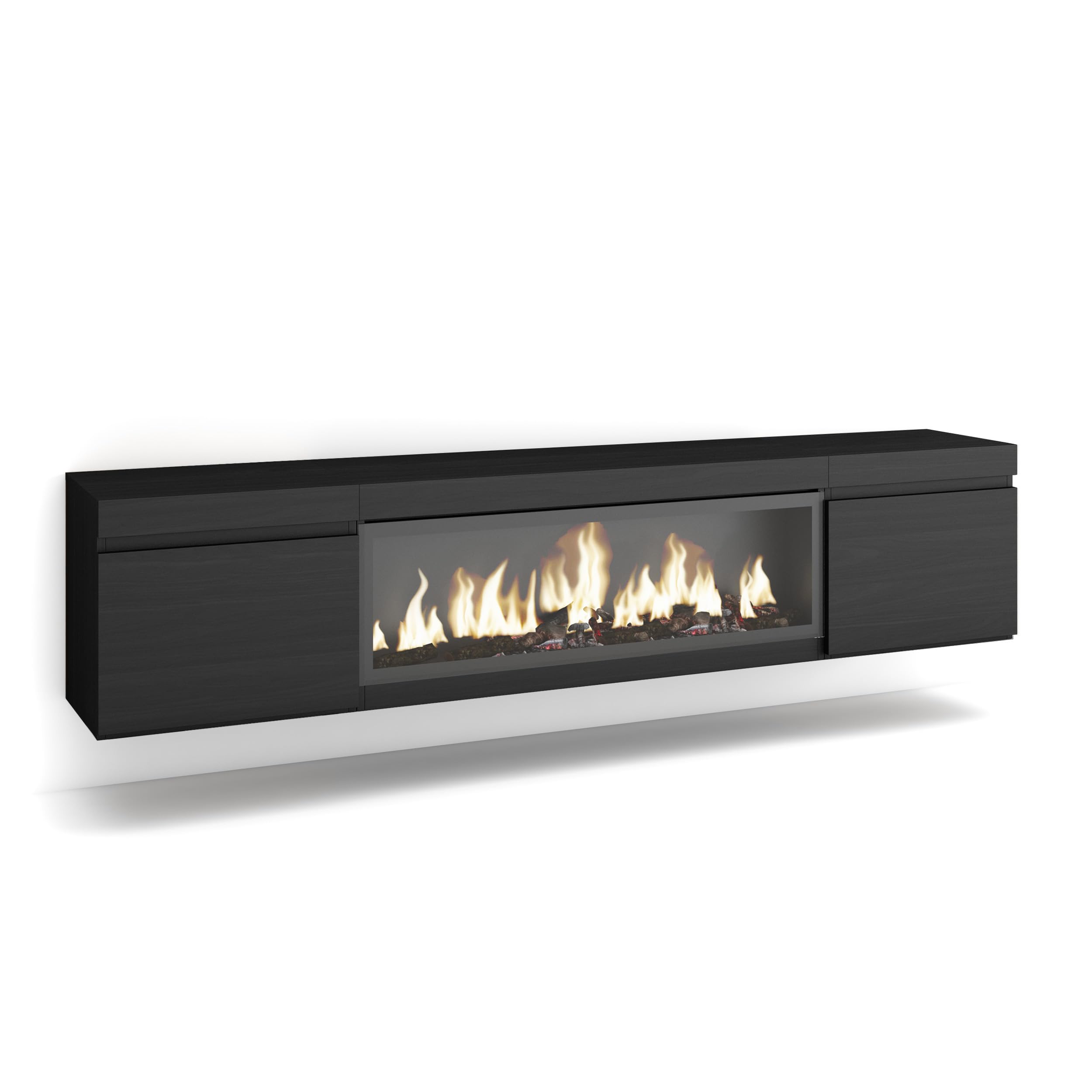 Skraut Home | Mobile TV Soggiorno | Ampio spazio a disposizione | 210 | Per TV fino a 80" | Camino elettrico XXL | Sospeso, da appendere | Stile moderno | Nero