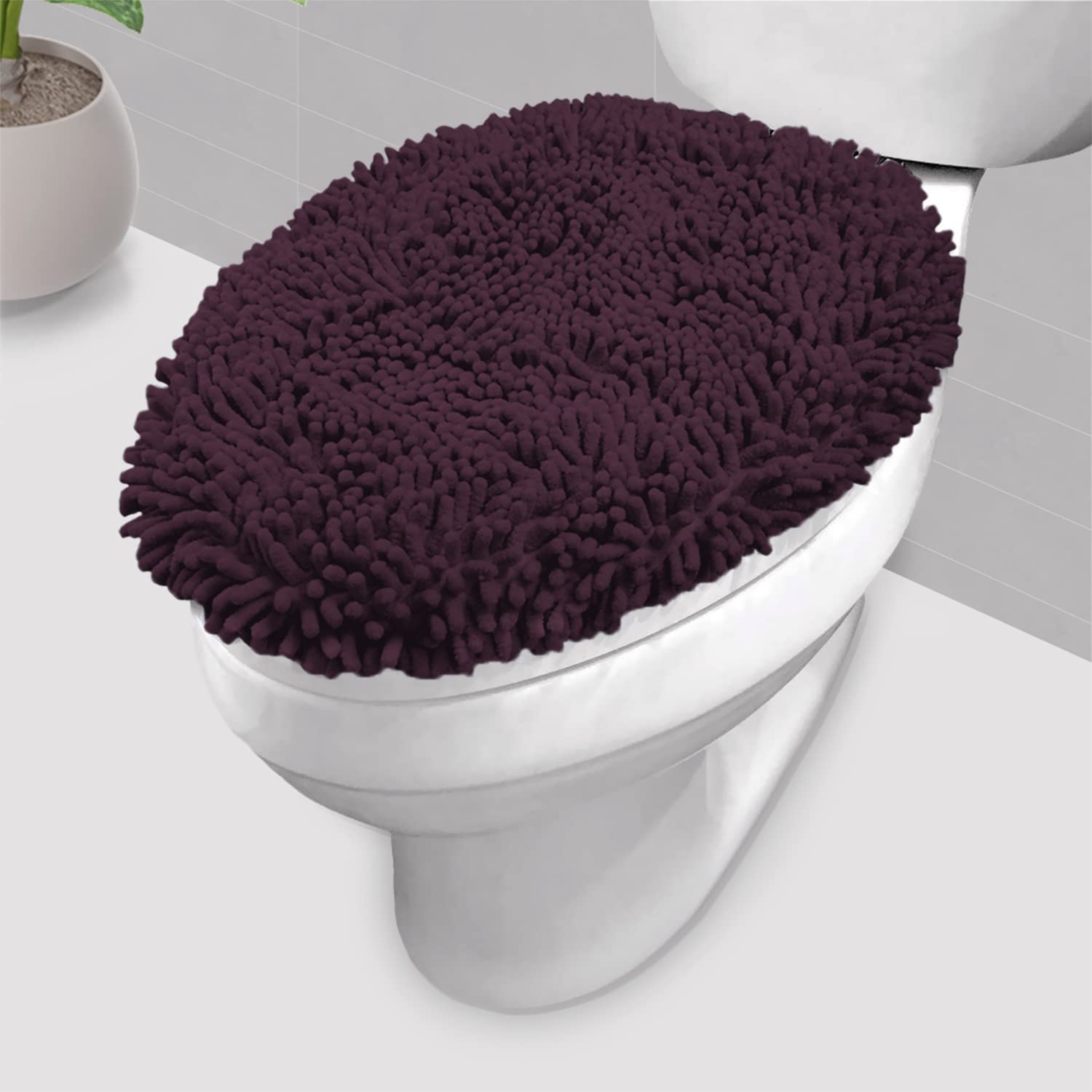LuxUrux Toilet Lid Cover, Extra-Soft Plush Seat Cloud Washable Shaggy Microfiber Standard Toilet Lid Covers for Bathroom Machine Wash & Dry. (18 x 21'', Plum)