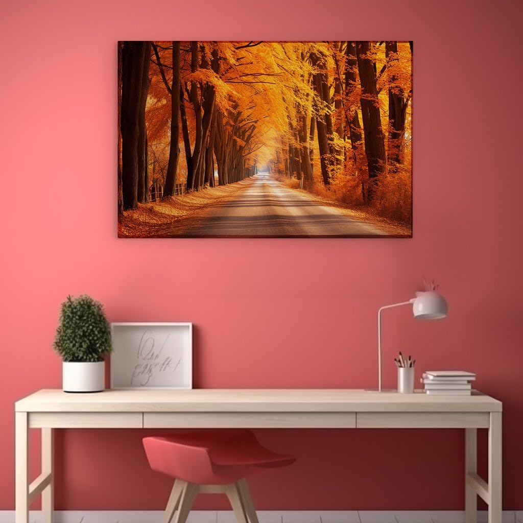 Canvas for Living room. Autumn's Embrace Along a Tranquil Country Road, 27 x 18 inch Canvas Wall Art - Contemporary Masterpieces - Modern Home Decor