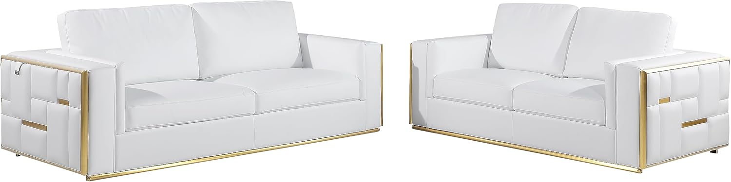 Blackjack Furniture Catania Modern Top Grain Italian Leather Sofa Set for Living Room with Kiln-Dried Hardwood Frame and Solid Stainless Steel Legs, Premium Upholstery, Couch + Loveseat, White