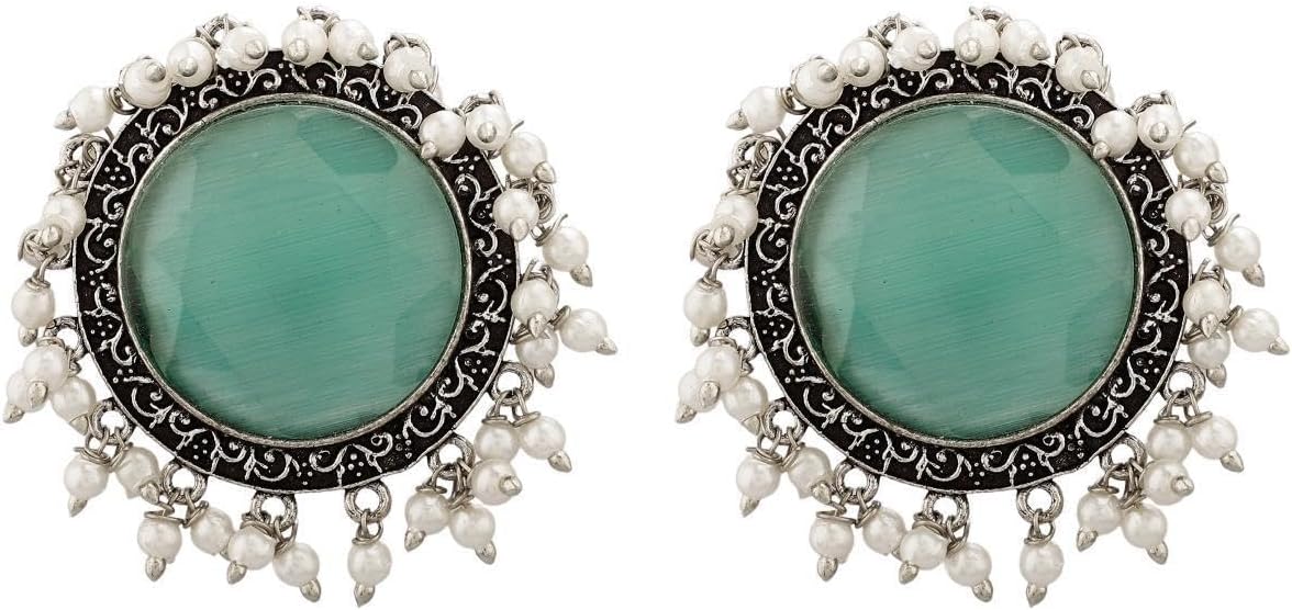 Efulgenz Boho Bohemian Indian Oxidized Jewelry Round Big Stud Faux Pearl Crystal Earrings Set Oxidized Indian Earrings for Women Big Stud Antique Statement Earring Jewelry for Women