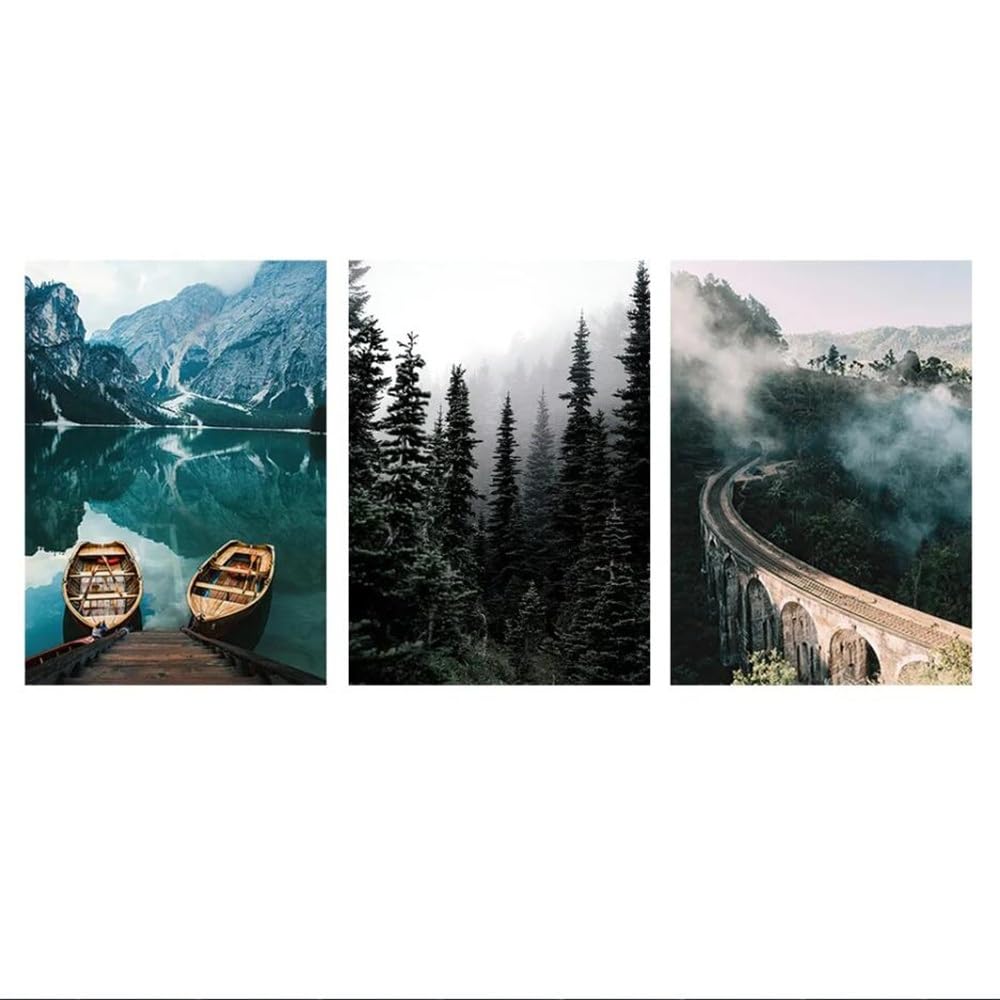 SOBMQ Pictures-Nature Landscape Posters Wall Art Misty Forest Lake Boat Pictures Canvas Prints Painting for Living Kitchen Office Room Home Decoration-50 * 60cm-3PCS (No Frame)