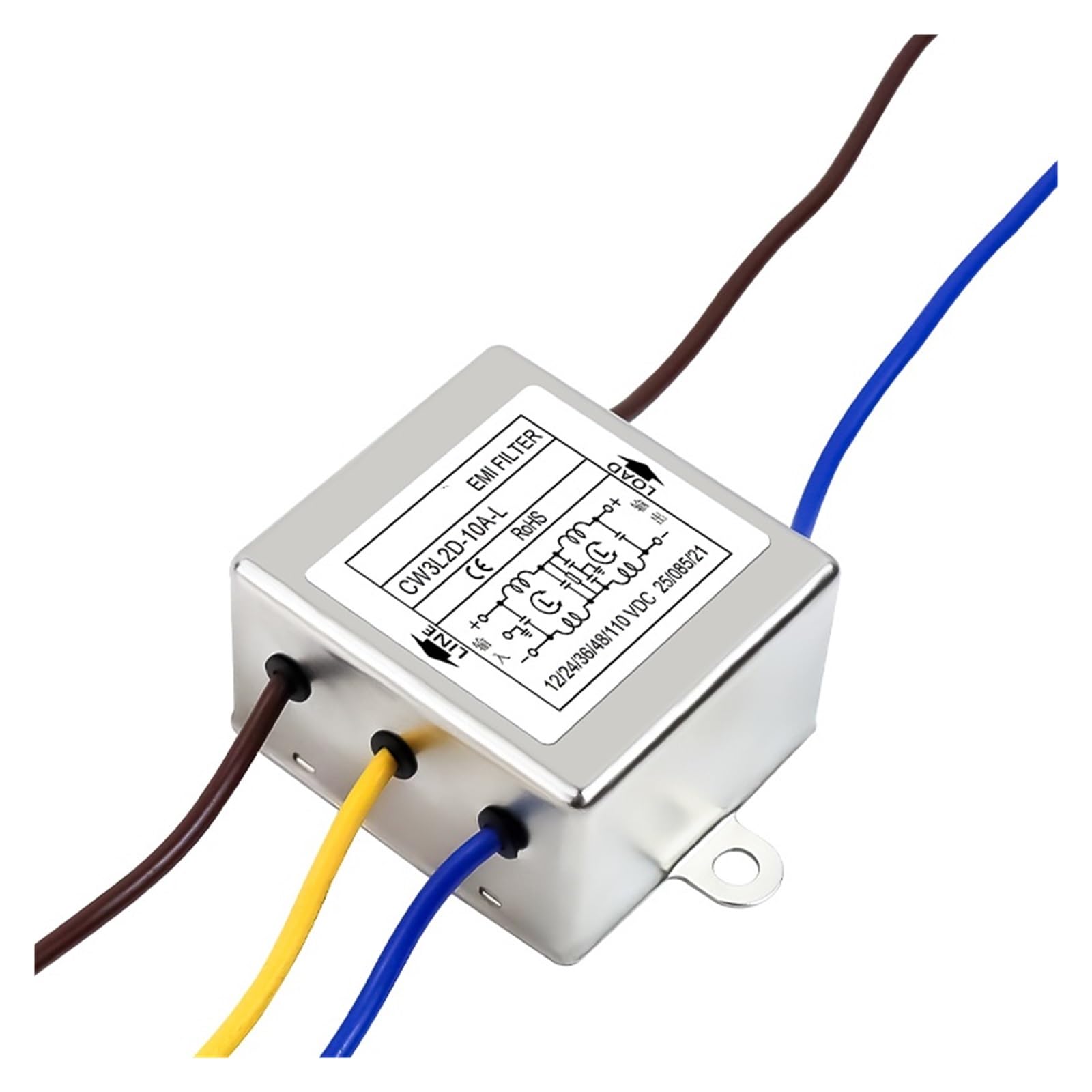 Various MANGAO DC EMI filters with different terminal types and current ratings, showing internal circuit diagrams.