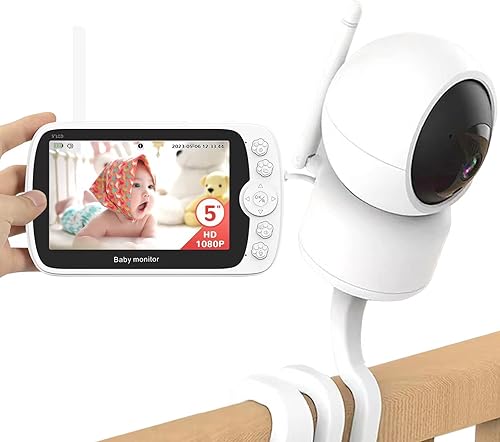 GrJyls Monitor de bebé con cámara y audio, monitor de bebé sin WiFi con pantalla HD 1080P de 5 pulgadas para nuevas mamás visión nocturna, sensor