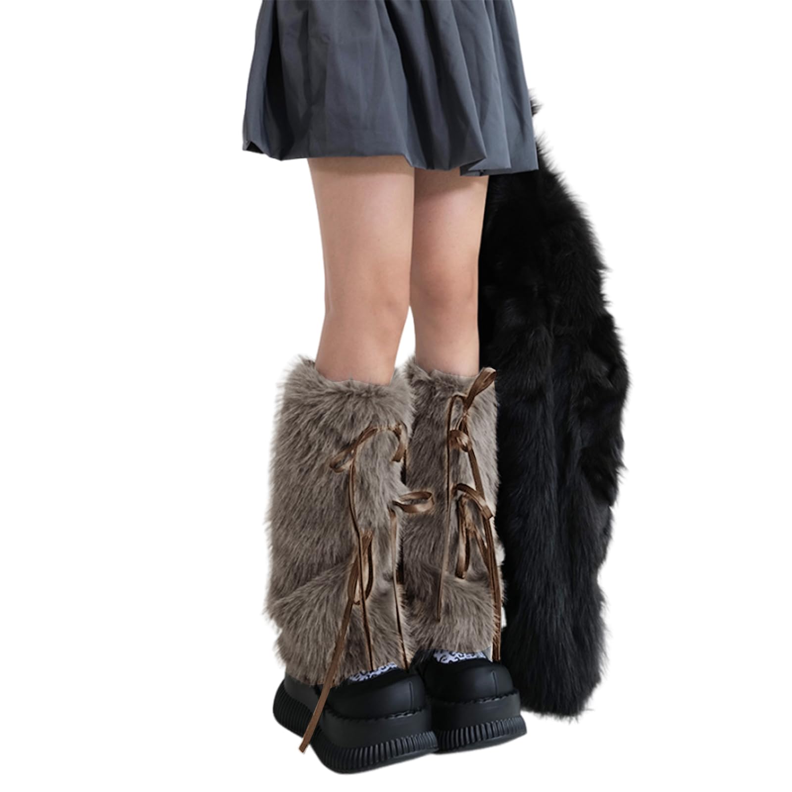 Maxtonser Women Plush White Leg Warmers Japanese Sweet Ribbon Bowknot Winter Warm Furry Boot Cover Leg Sleeve Socks