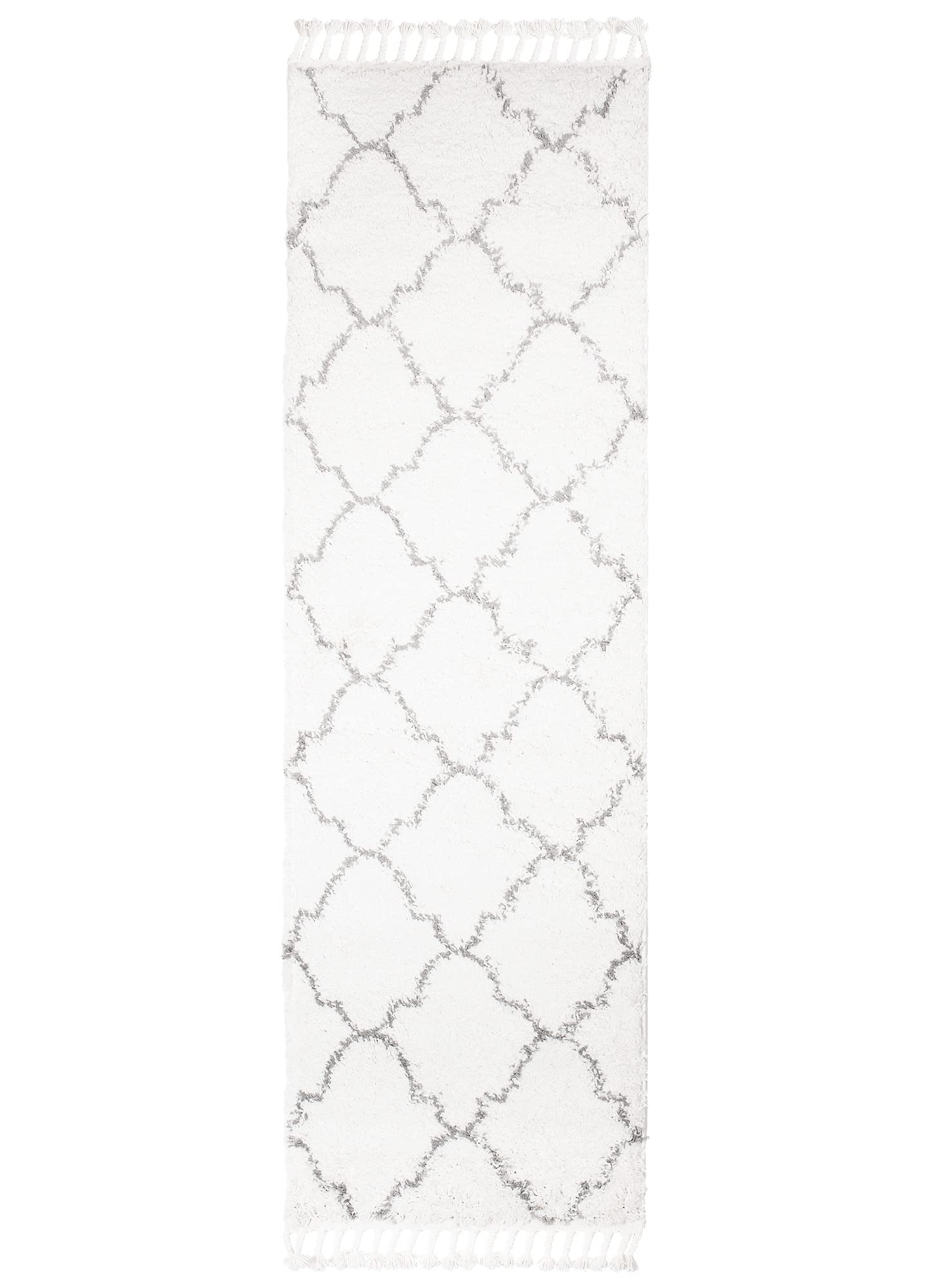 TAPISO Boho Teppich Läufer Kurzflor Shaggy Creme Grau Gitter Marokko Fransen Schlafzimmer Wohnzimmer Design Modern 100 x 400 cm