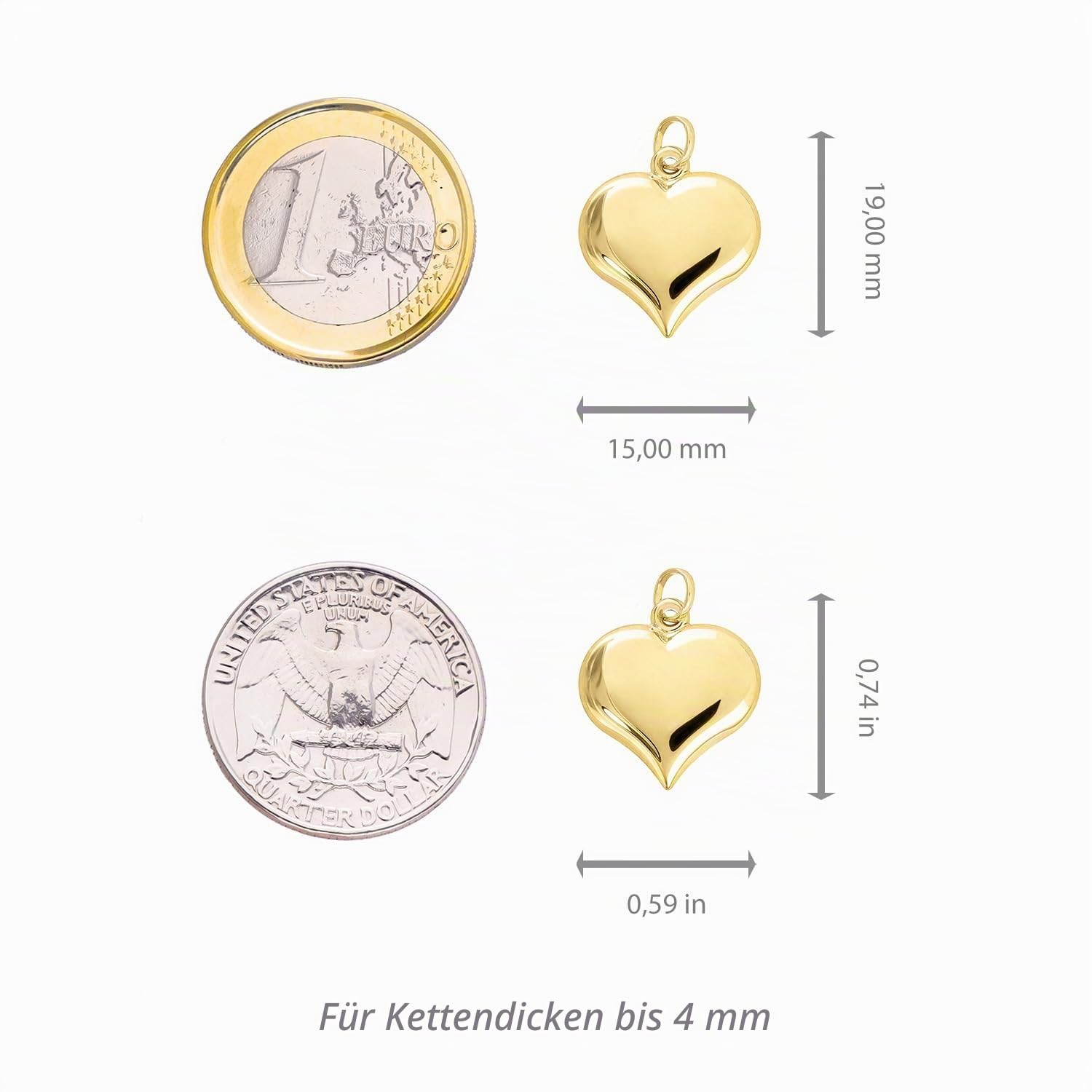 forme di Lucchetta - 18 Karat gewölbter Herz-Anhänger - 750 Gelbgold | klein oder groß, Goldanhänger Damen Mädchen 750 Echtgold für Kette (bis zu 4 mm), hergestellt in Italien