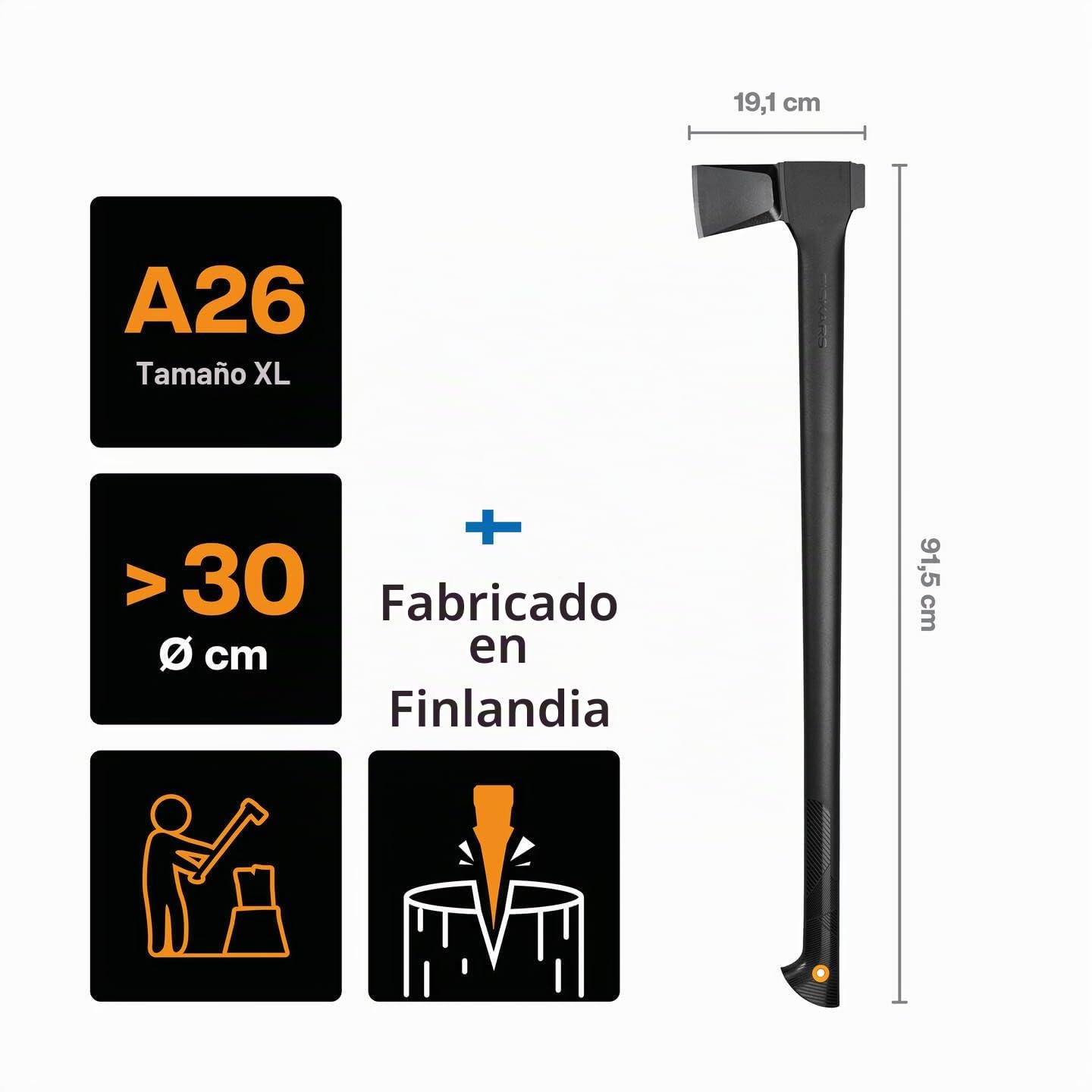 Fiskars Hacha de rajar XL, Solid, Con funda para transporte, Recubrimiento antiadherente, Hoja de acero/Mango de plástico reforzado, Negro/Naranja, A26, Longitud: 92 cm, 2,6 kg, 1052043