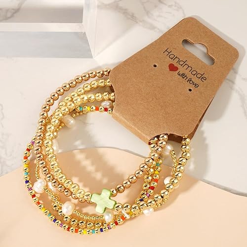 Miniatura 4 de Juego de pulseras de cruz con cuentas de oro de 14 quilates para mujer, elásticas, bohemias, coloridas cuentas cristianas, regalo de moda