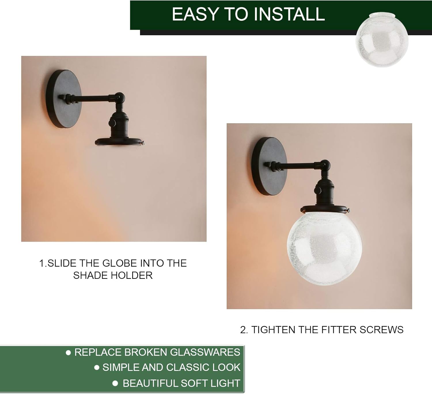 DYSMIO Lighting 6-Inch Diameter Globe - 3-1/4-Inch Fitter Opening Handblown Clear Seeded Glass Globe