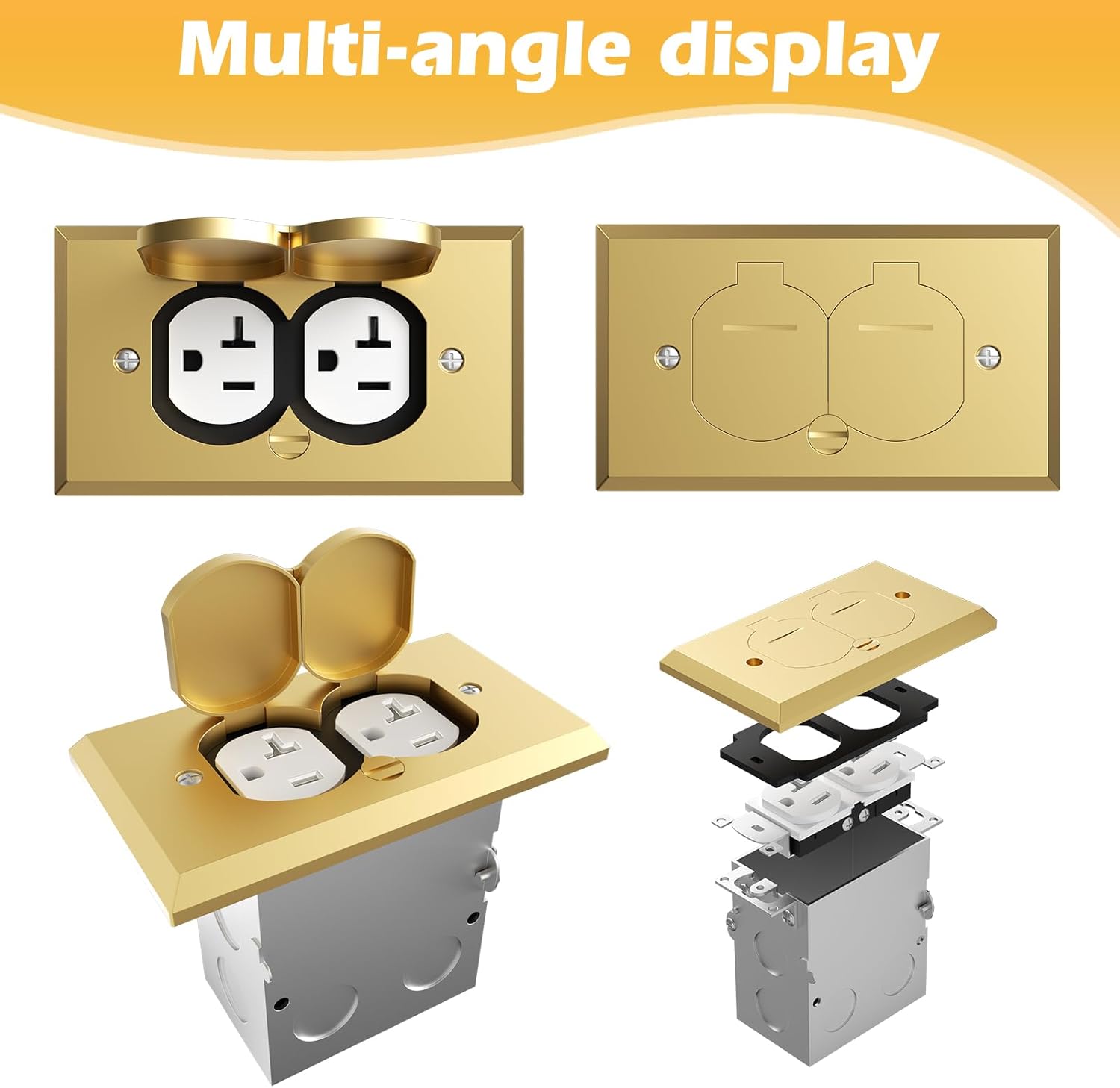20A Recessed Floor Outlet Cover Plate, Flip Lid Cover Floor Box Kit Resistant Duplex Outlet Cover Boxs, Brass Finish Electrical Outlet Box Suitable for Flooring,Tiles,Carpets.