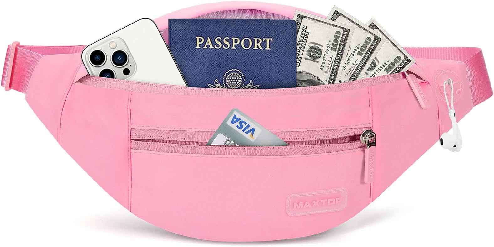 Large Bumbag Waist Fanny Pack Running Belt for Men Women Unisex Bum Bag with Headphone Jack and 4-Zipper Pockets Adjustable Belt for Travel Running Jogging Workout Hiking Gifts Pink