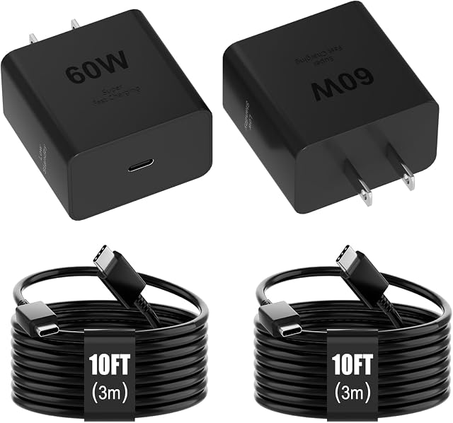 60W USB C Fast Charging Block Type C Wall Plug Charging Brick & 10ft C Cable Super Fast Charging 3.0 for Samsung Galaxy S26 Ultra/S26/S26+/S25 /S24/S23 Ultra/,Note 10/Note 10+/Note