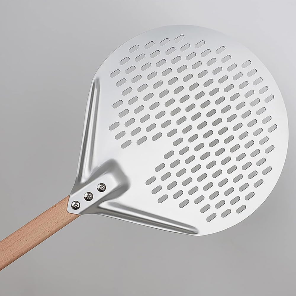 Pizzaschaufel 12/14 Zoll runder Pizzawender, hart eloxiertes Aluminium, perforiertes Pizzapaddel mit Holzgriff, hausgemachte Pizzaschaufel for den Ofen(12inch)