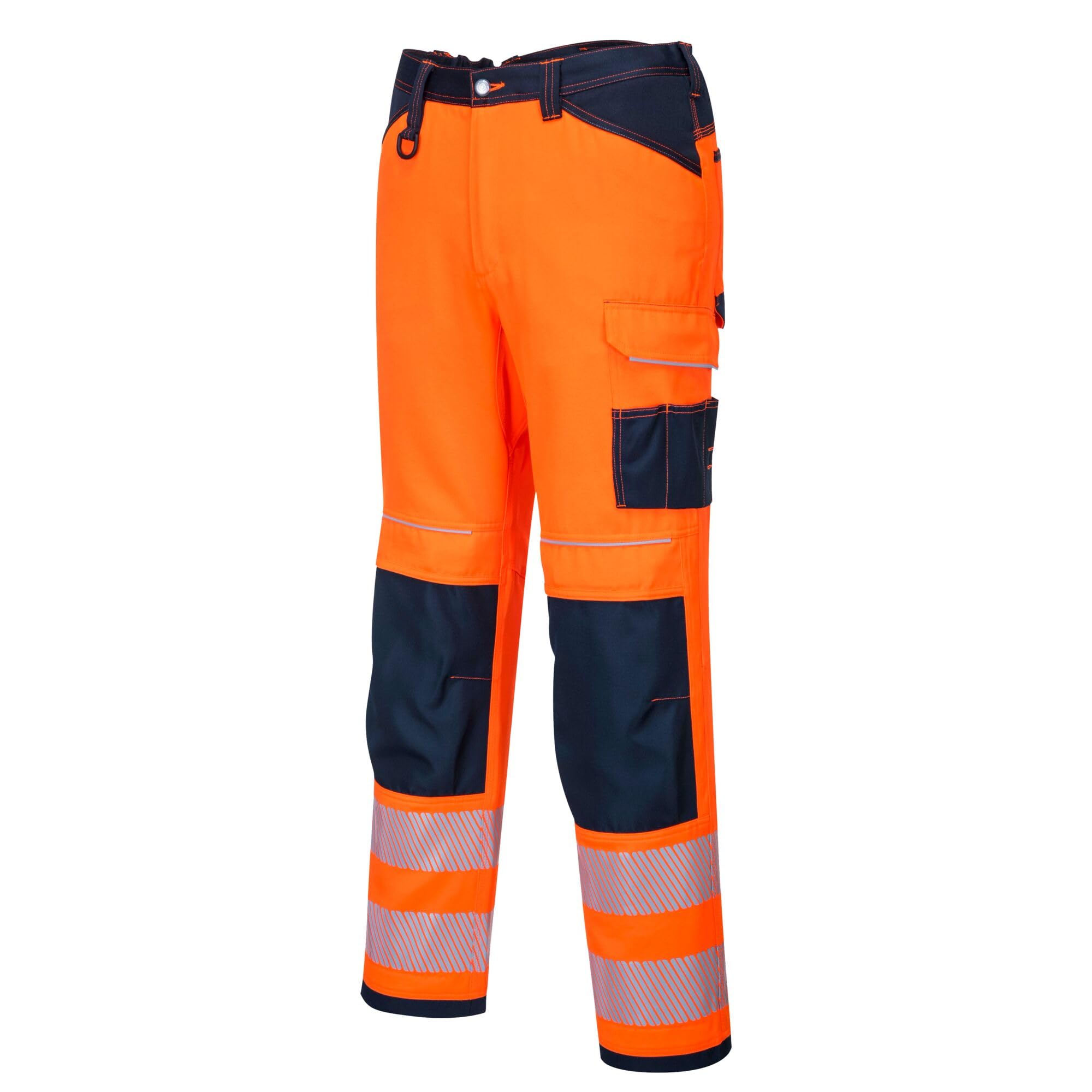 Portwest PW340 PW3 Men's Hi-Vis Cargo Work Trousers with Knee Pads and Pockets - Reflective High Viz Outdoor Safety Workwear, Orange/Navy, 30