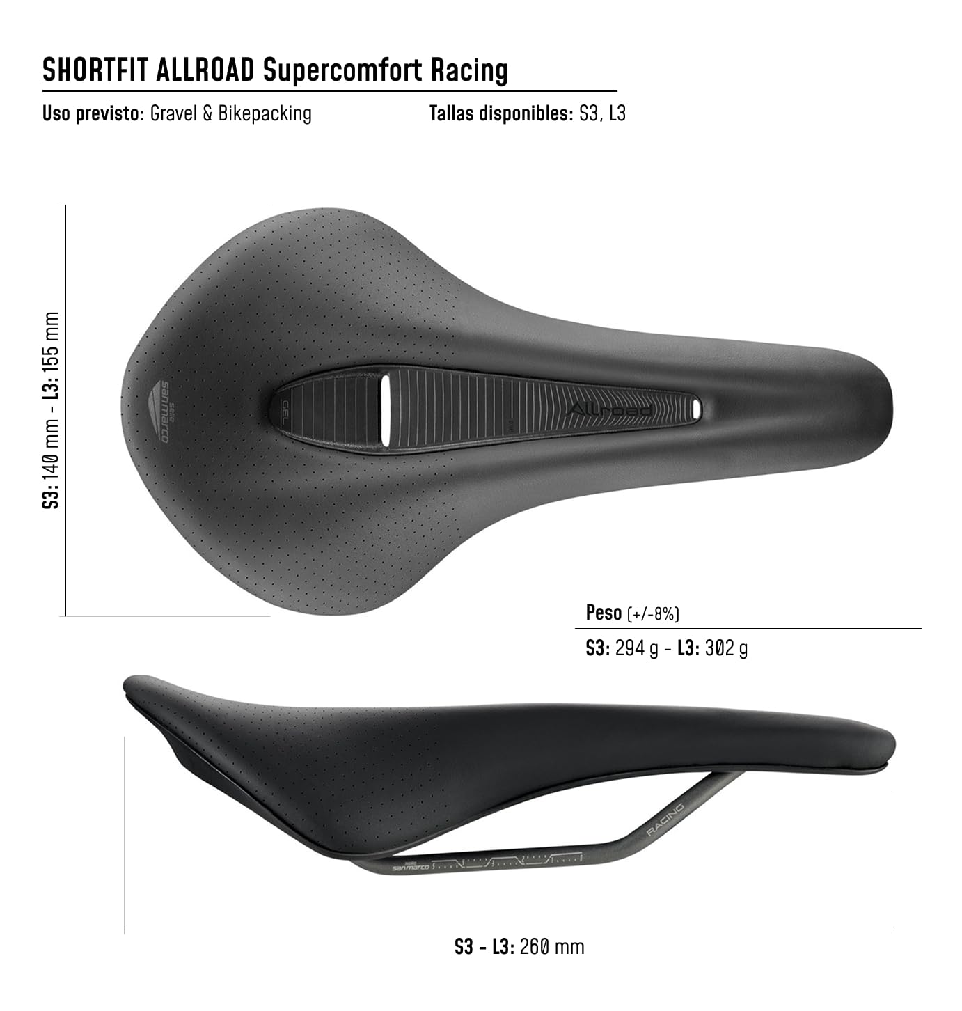 Selle San Marco Shortfit Allroad Supercomfort Racing – Sillín Gravel y All-Road, Confort con Gel Integrado, rieles de xsilita
