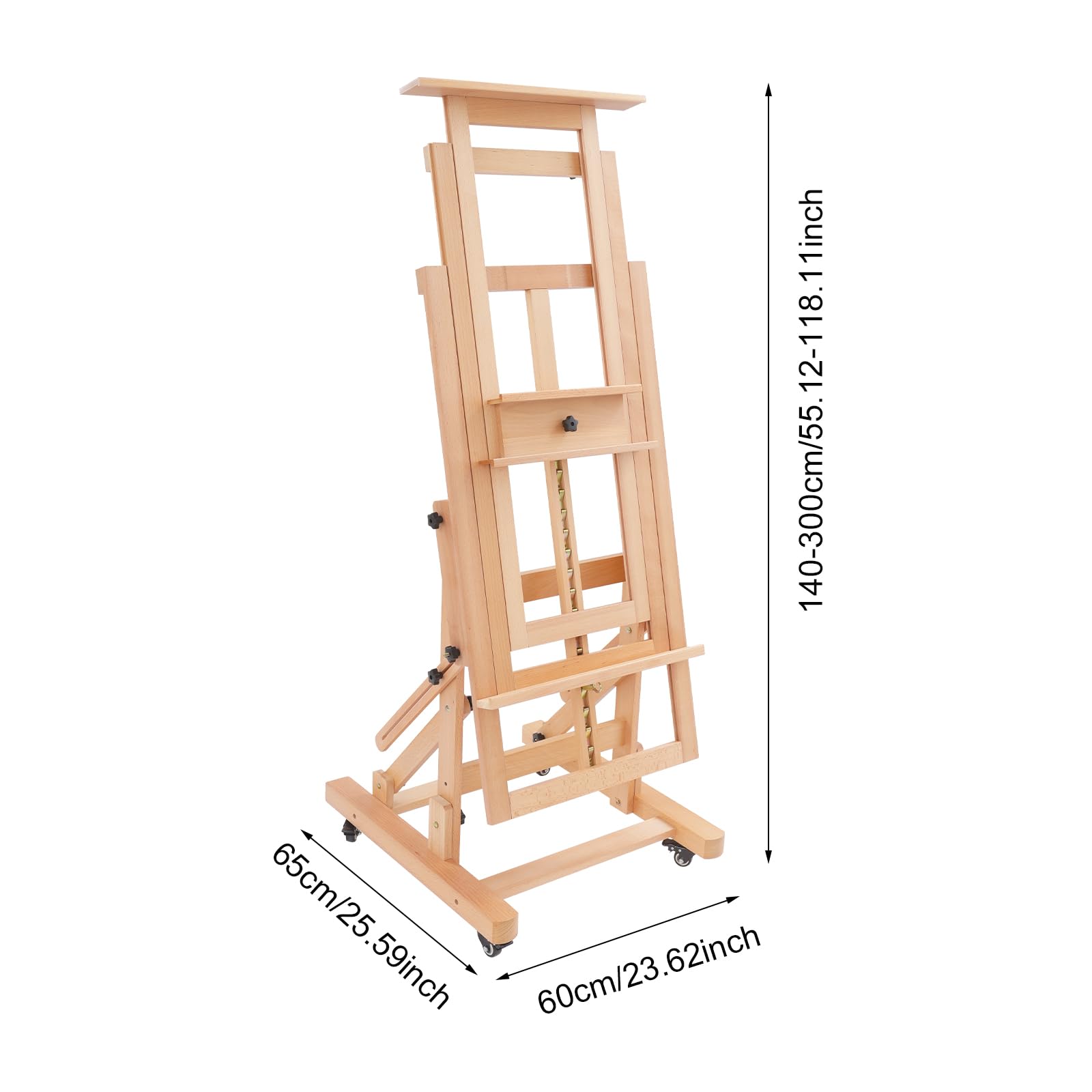 Caballete de pintura artística, con marco en H, con ruedas, caballete profesional de estudio robusto para adultos, caballete de suelo, 140-300 cm, rango de ajuste de altura (madera natural)