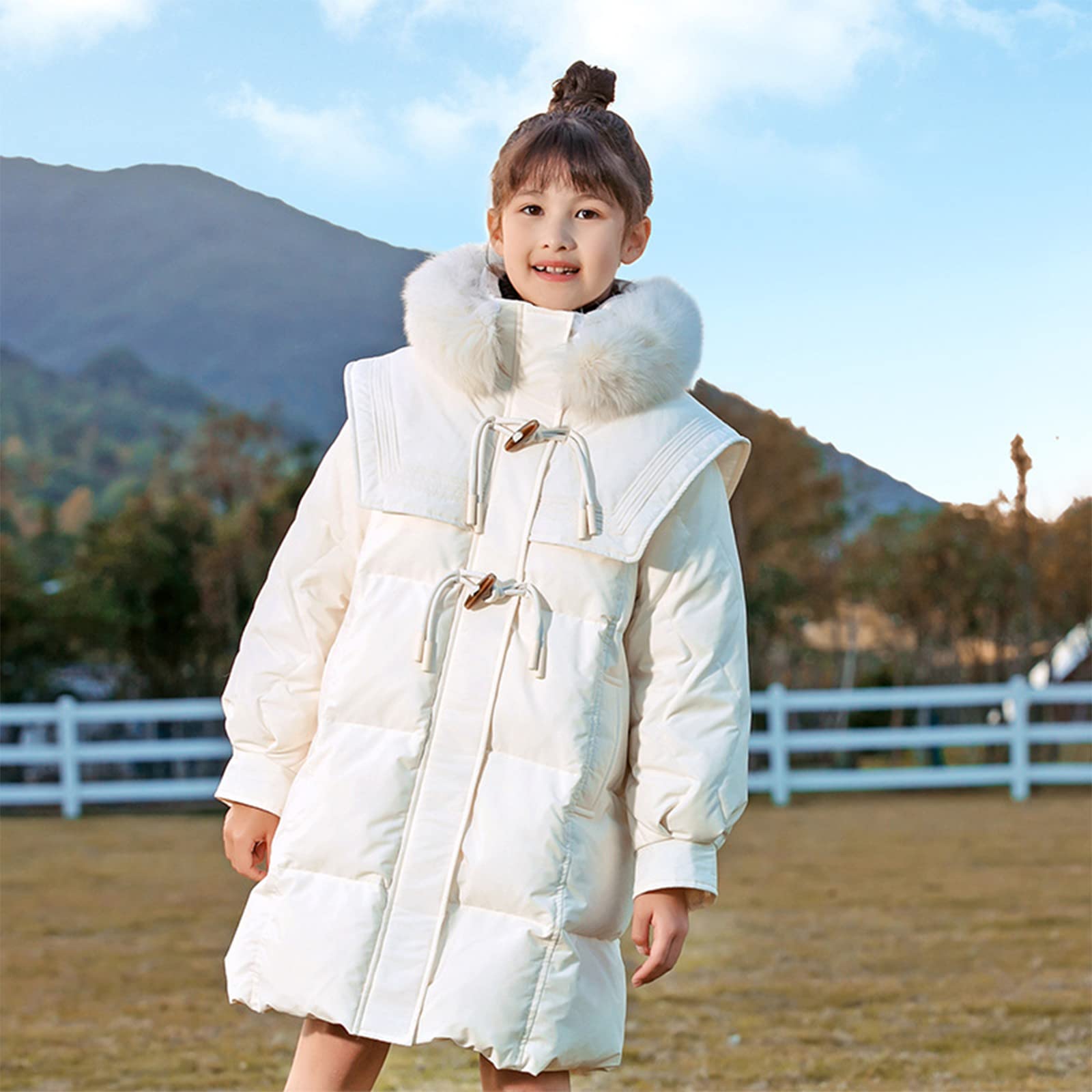 Piumino D'Anatra Bianca da Bambina 90 Piumino Invernale di Media Lunghezza per Bambini Calore Collo di Pelliccia Rimovibile Tessuto Antitrapano,Beige,11(120CM)