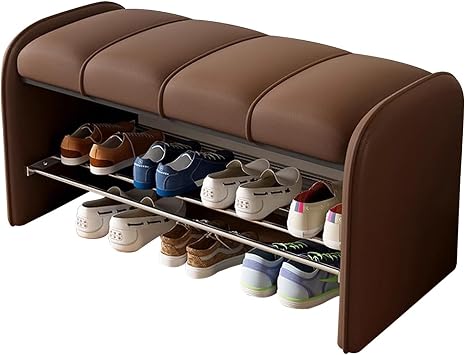 Shoe Bench with Leather Cushion, 2 Tiers Shoe Storage Bench, Upholstered Entryway Bench for Hallway,Brown,80 x 37 x 45 cm