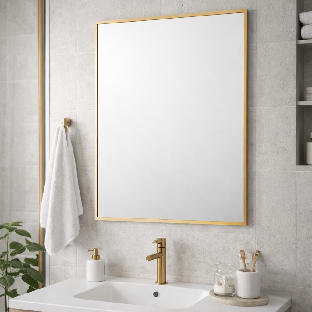 Bathroom Aluminium Metal Modern Gold Mirror 70 x 50cm – Wall Mounted Rectangular Mirror – Portrait or Landscape Hanging – Sleek Contemporary Frame