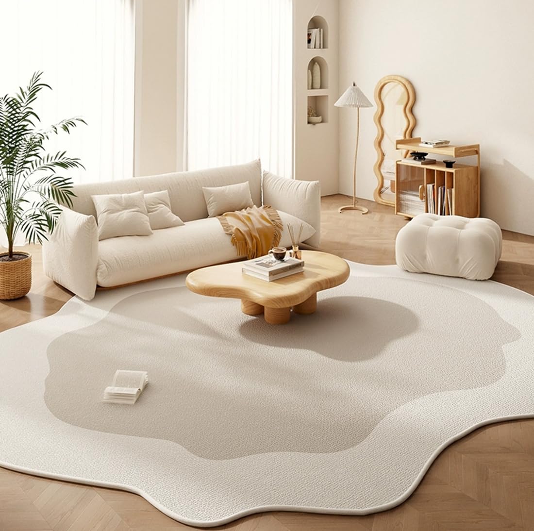 Cream Beige Irregular Shaped Area Rug Ultra Modern Machine Washable Living Room Bedroom Dining Room Rugs Easy Clean Non Slip Floor Mat for Kitchen