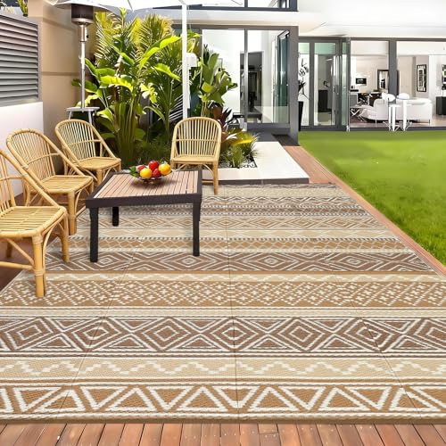 Image of GlowSol Waterproof Outdoor Rug 10x14 Reversible Patio Rug Portable Plastic Straw Rugs for Camping Outdoor RV Mat for Camper Large Outdoor Rugs for Backyard,Picnic,Beach,Deck,Porch,Balcony,Brown /Tan