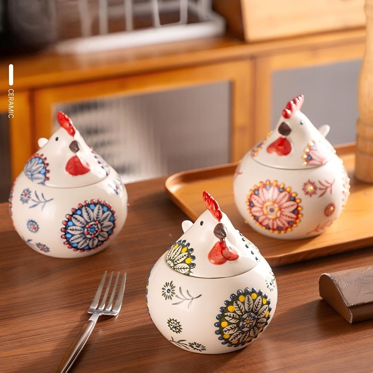 Ceramic Chicken-Shaped Seasoning Jar, Kitchen Condiment Box with Spoon and Lid, Moisture-Proof Household Storage Container (A set)