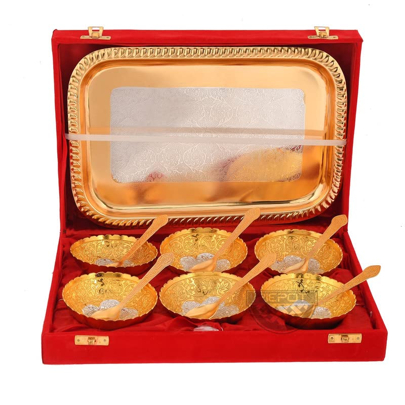 Piepot | German Silver Traditional Bowl Set of 13 Pc | Gold-Silver Plated | Silver Items for Marriage, Diwali Gift, 300 ML