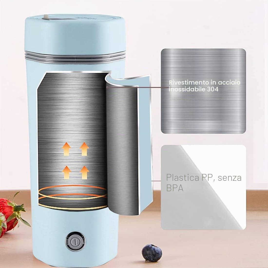 Bollitore elettrico da viaggio, mini tazza riscaldante portatile 450 ml, mini tazza riscaldante interna in acciaio inox 1304, chiusura automatica (blu)