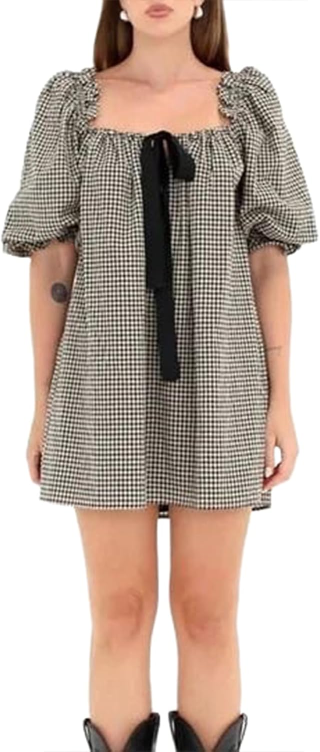 hibshaby Women's Babydoll Short Dress Puff Sleeve Cute Tie Mini Dress Floral Sundress - Image 2