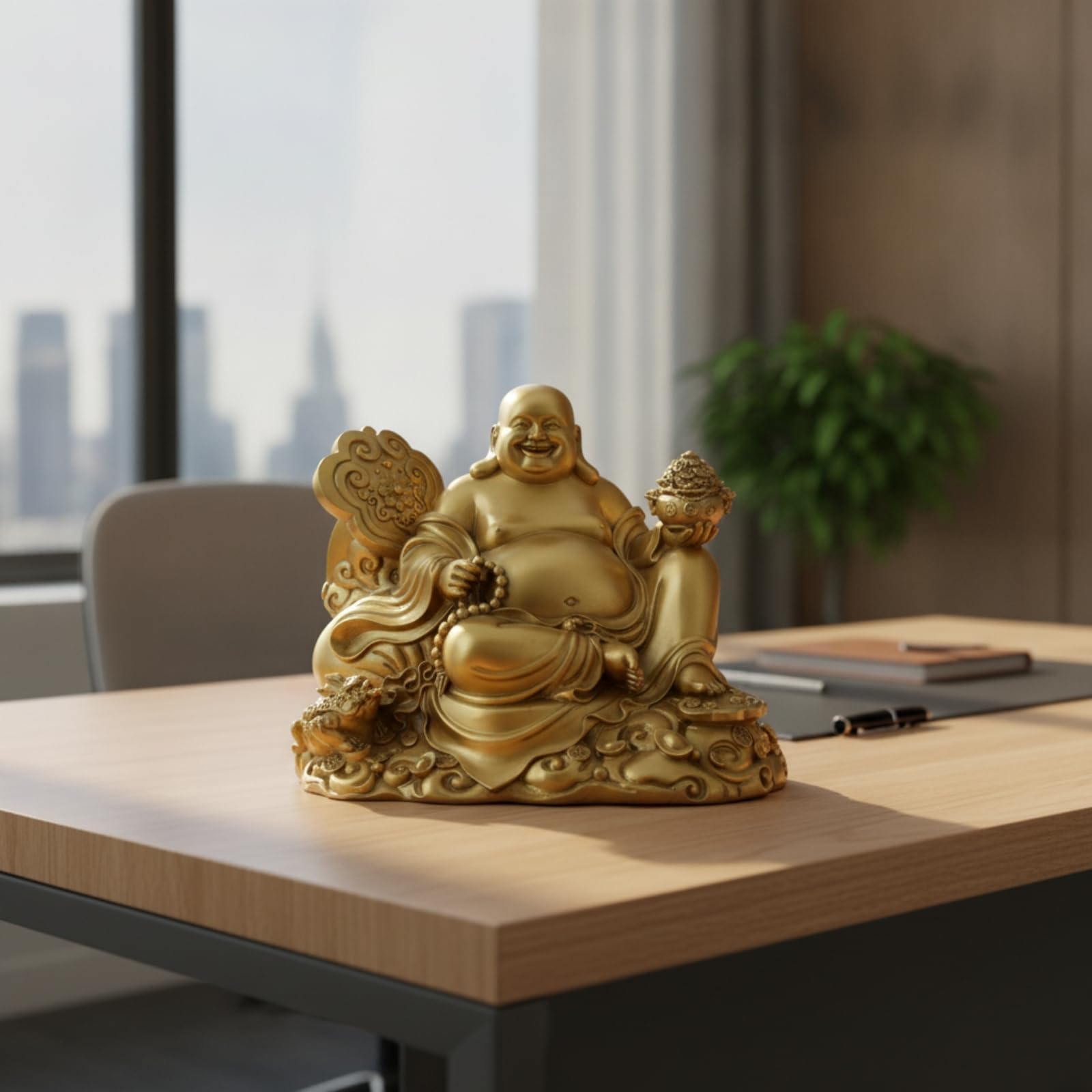 Statue Bddha Maitreya Rieur en Cuivre Décoratif Statue Bddha Rieur Religieux Statute Maitreya pr Bureau, 38CM