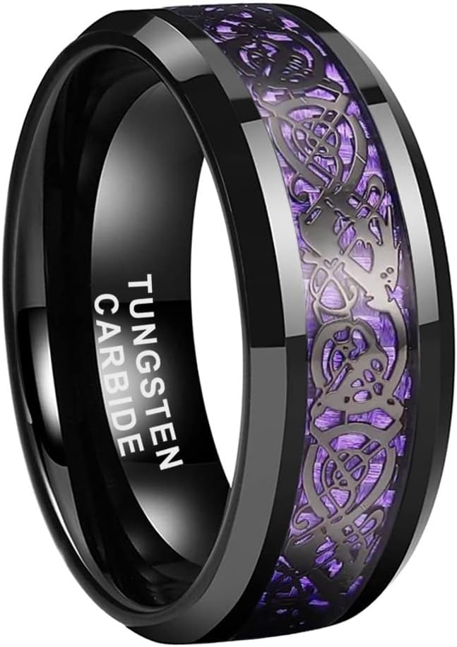 TUTISS 6mm 8mm Silver/Black Tungsten Rings for Men Women Black/Red/Green/Purple Carbon Fiber Celtic Dragon Inlay Fashion Jewelry Engagement Wedding Bands Beveled Edges Comfort Fit