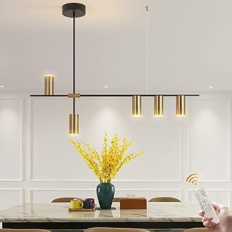 Ganeed Dimmable Modern LED Chandelier, Black & Gold Pendant Light Fixtures, Adjustable Linear Ceiling Semi Flush Mount Hanging Lighting with Remote for Kitchen Island Dining Room Living Room Bedroom