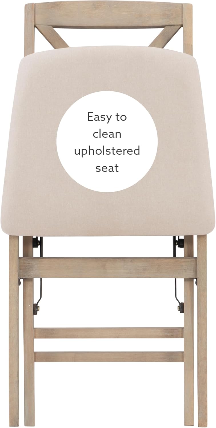 Keira Grey Wash Wooden Folding Chair with Beige Upholstered Seat and Classic Wooden X Back by Linon