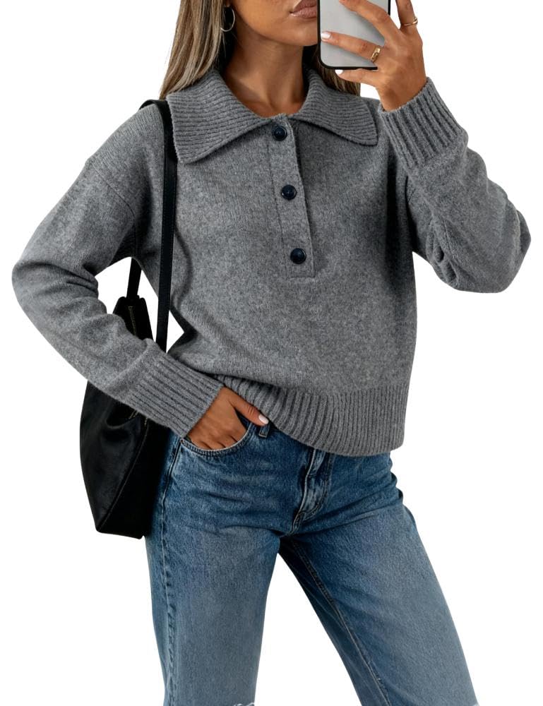 EsheSy Womens Polo Knit Sweater Pullover V Neck Lapel Collar Button Long Sleeve Casual Loose Ribbed Knit Henley
