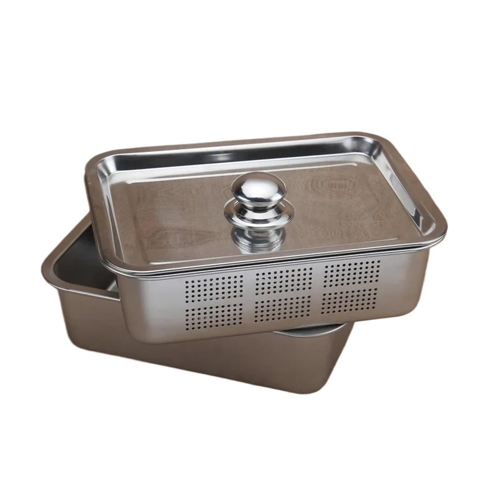 Quadrate 304 Edelstahl kreisförmiges Loch Rechteck Gemüse Obst Waschen Küchenutensilien Sieb Küchenspüle Waschkorb(36x27 lid)