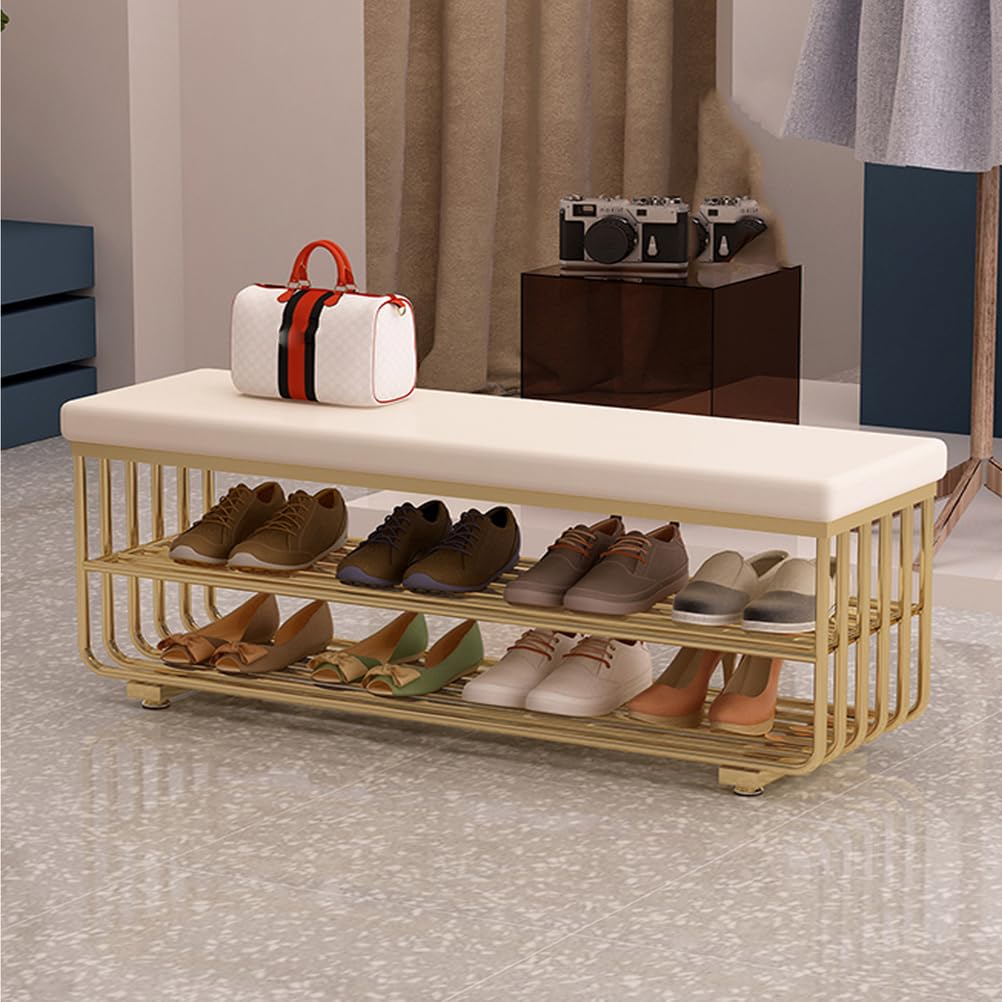 Banc à chaussures blanc 100 cm avec coussin et étagère 3 niveaux en métal pour entrée