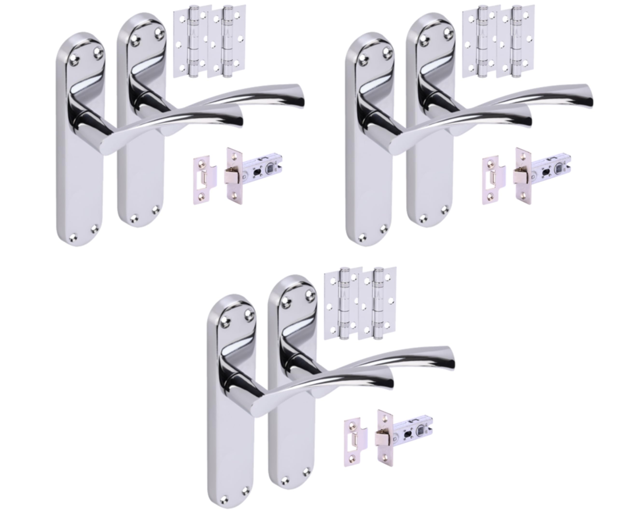 Hunta Polished Chrome Handlezone® 3 Sets Lobo Internal Door Handles On Backplate Lever Latch Packs With Ball Bearing Hinges