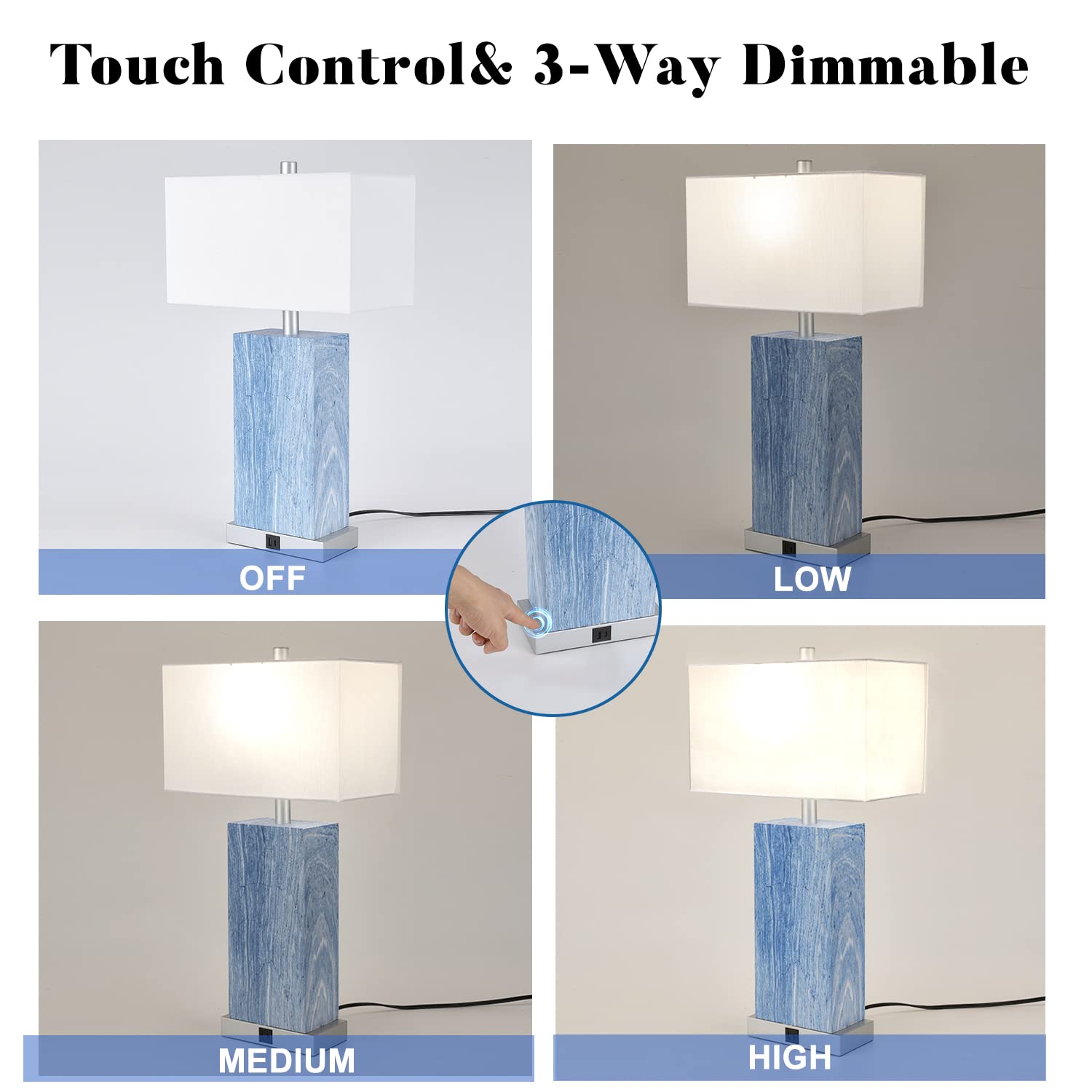 24â€? Tall Touch Control Table Lamps Set of 2, Blue Navy Lamps w/ USB& Type C Ports, Dimmable Coastal Bedside Nightstand Lamp White Shade, Large Lamps for Living Room End table Bedroom (Bulbs Included)