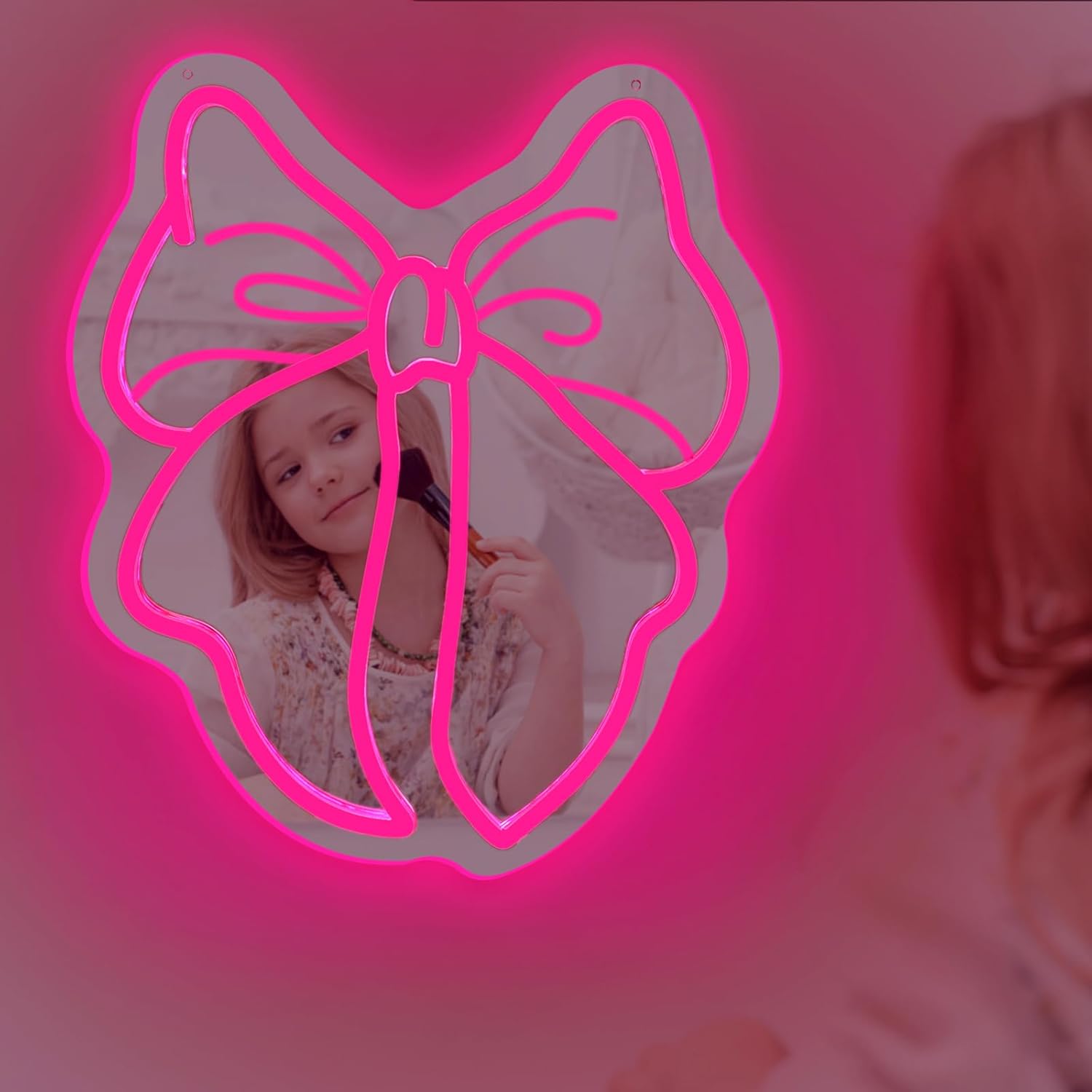 Bow Mirror Neon Sign, Pink Lighted Wall Decor for Girls, Makeup Vanity Mirror, Aesthetic Gift for Her, 15″ × 12.7″
